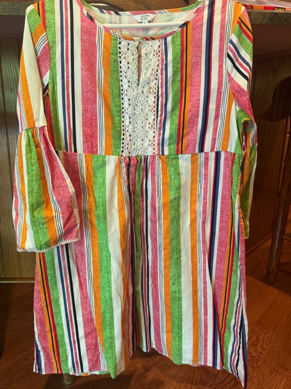 crown & ivy Multicolor Striped Long-Sleeve Dress with Lace Inset